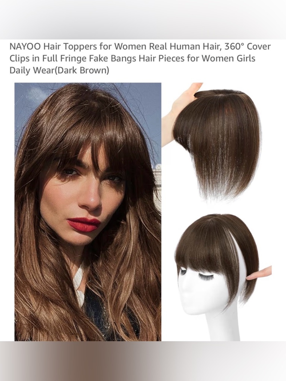 Dark Brown Hair Toppers for Women Real Human Hair, Cover Clip-In Fringe Bangs